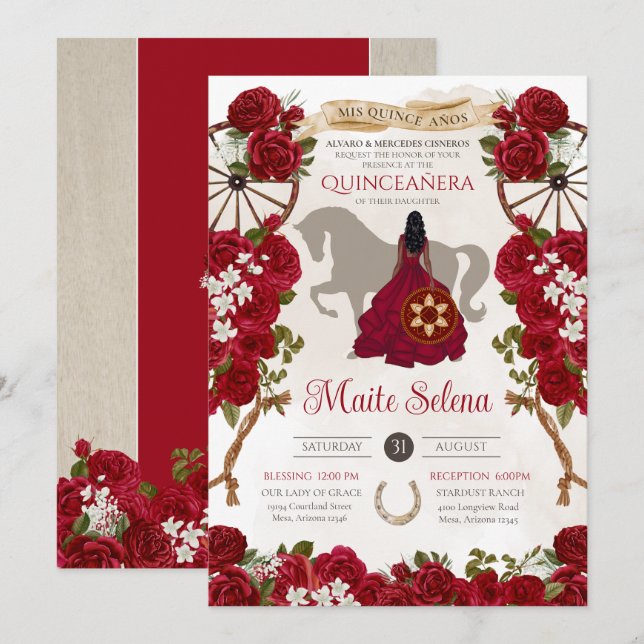Rustic Western Red Roses Floral Charro Quinceanera Invitation (Front/Back)
