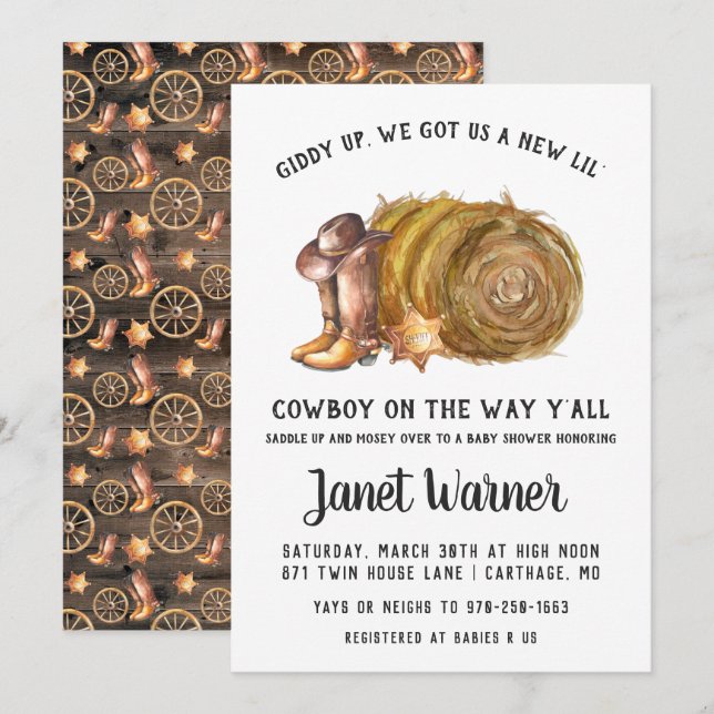 Rustic Western Rodeo Cowboy Baby Shower Invitation (Front/Back)