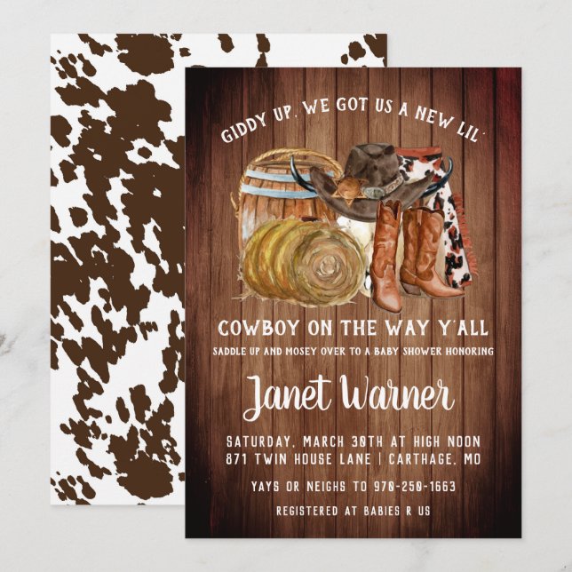 Rustic Western Rodeo Cowboy Baby Shower Invitation (Front/Back)