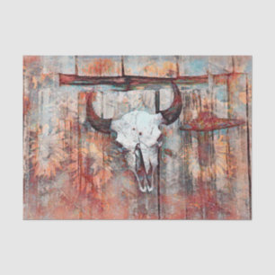 Rustic Western Rust Brown Bull Skull  Sunflowers Tissue Paper