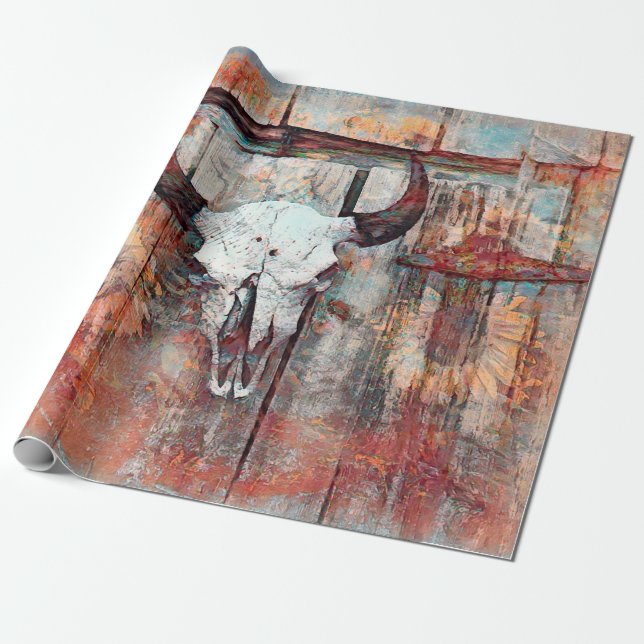 Rustic Western Rust Brown Bull Skull Sunflowers Wrapping Paper (Unrolled)