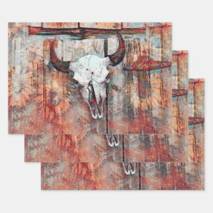 Rustic Western Rust Brown Bull Skull Sunflowers Wrapping Paper Sheet