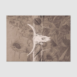 Rustic Western Sepia Brown Sunflowers Bull Skull Tissue Paper