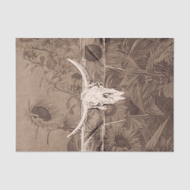 Rustic Western Sepia Brown Sunflowers Bull Skull Tissue Paper (Front)