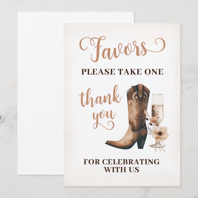 Rustic Western Shower Favours Sign Invitation (Front/Back)