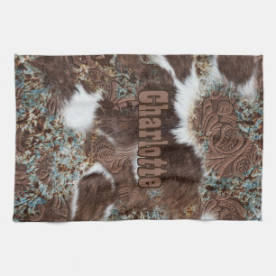 Rustic Western Southwest Cowhide Leather Name Tea Towel