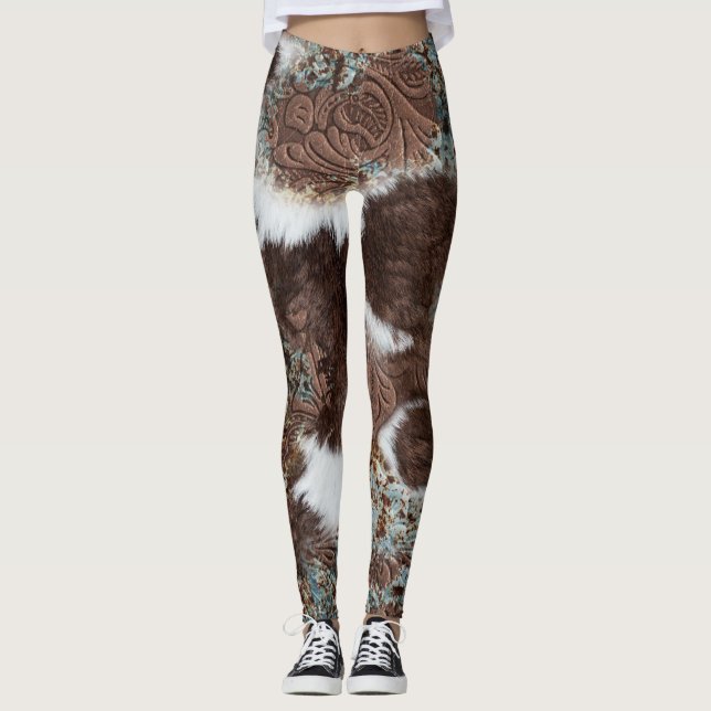 Rustic Western Style Cowhide Cowgirl Leggings (Front)