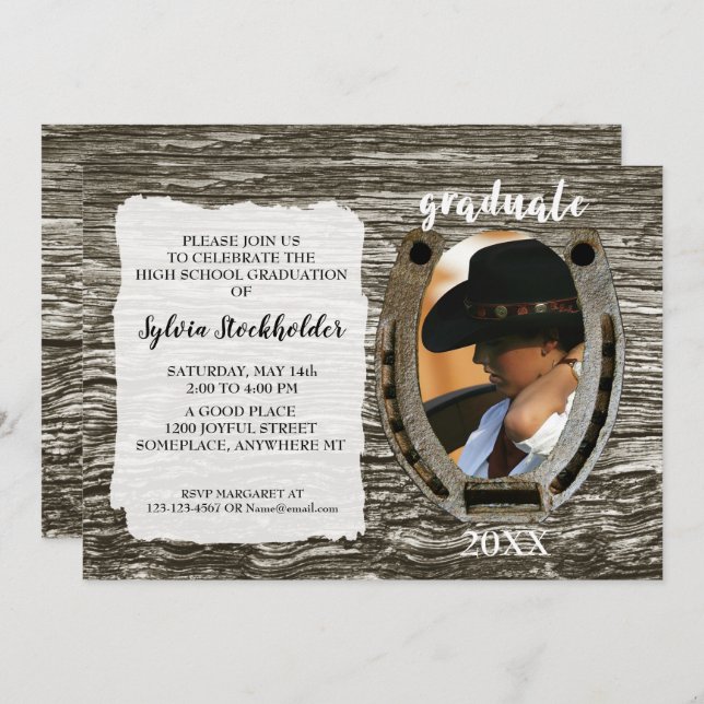 Rustic Western-style Graduation Invite with photo (Front/Back)