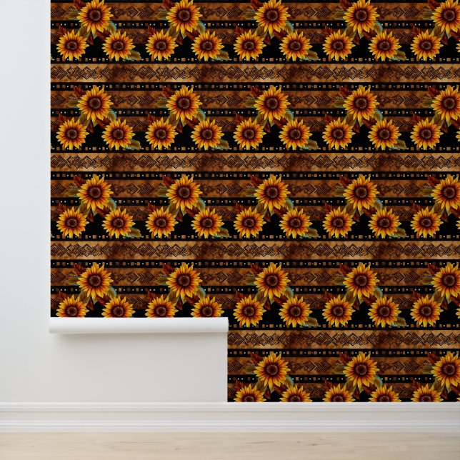 Rustic Western Sunflowers Floral Pattern Wallpaper (Application)