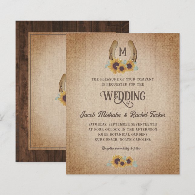 Rustic Western Sunflowers Wedding Monogram Invite (Front/Back)