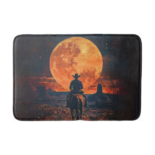 Rustic Western Themed Cowboy Riding Towards Moon  Bath Mat
