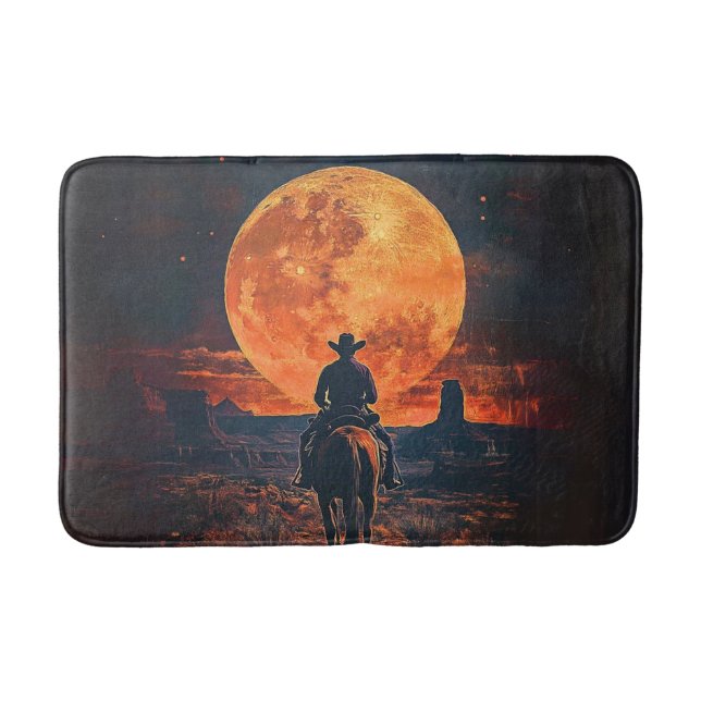Rustic Western Themed Cowboy Riding Towards Moon  Bath Mat (Front)