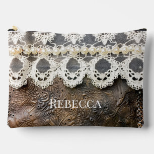 Rustic Western Tooled Leather and Antique Lace Lg  Accessory Pouch