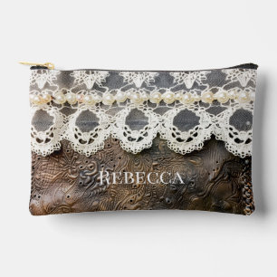 Rustic Western Tooled Leather and Antique Lace Sm Accessory Pouch