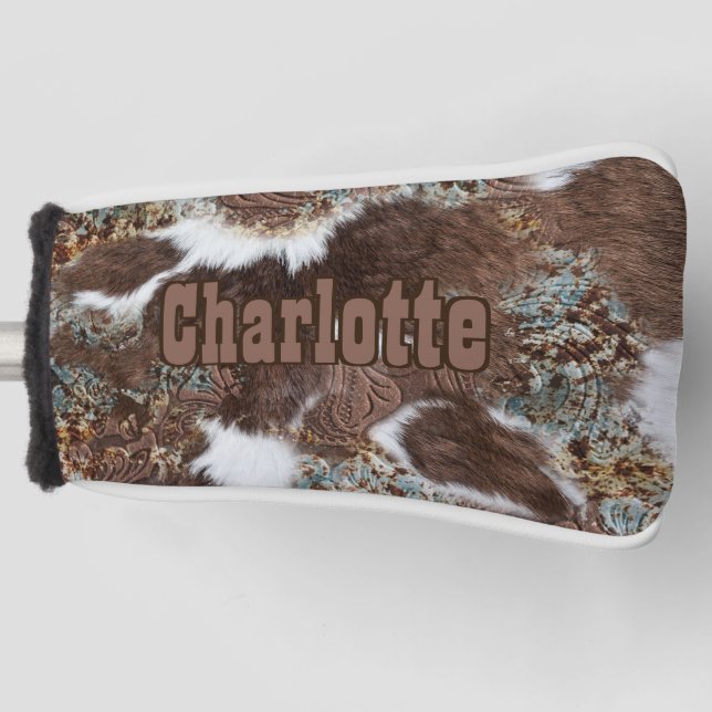 Rustic Western Turquoise Cowhide Leather  Golf Head Cover (Front)