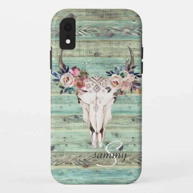 Rustic Western Turquoise Wood Cow Skull Monogram Case-Mate iPhone Case (Back)