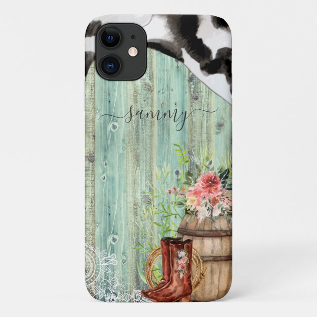 Rustic Western Turquoise Wood Cowhide Case-Mate iPhone Case (Back)