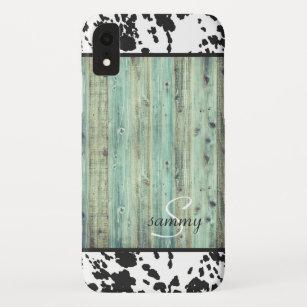 Rustic Western Turquoise Wood Cowhide Monogram Case-Mate iPhone Case