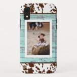 Rustic Western Turquoise Wood Cowhide Photo iPhone XR Case<br><div class="desc">Fun cowhide print against turquoise wooden background and your own photo. The perfect rustic phone case. Add your custom wording to this design by using the "Edit this design template" boxes on the right hand side of the item, or click the blue "Customise it" button to arrange the text, change...</div>