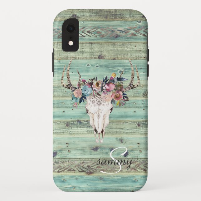 Rustic Western Turquoise Wood Deer Skull Monogram Case-Mate iPhone Case (Back)