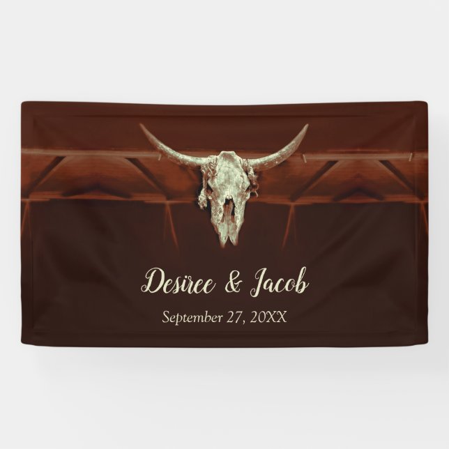 Rustic Western Wedding Brown Country Bull Skull Banner (Horizontal)