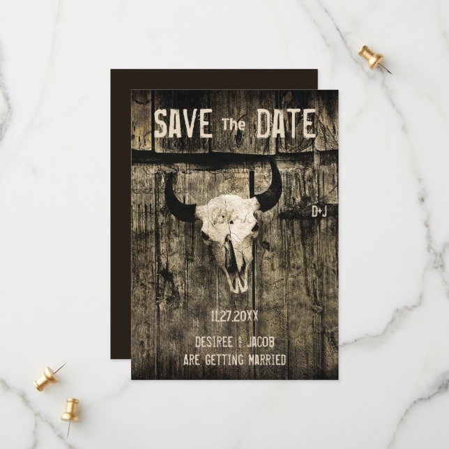 Rustic Western Wedding Cow Skull Save The Date (Front/Back In Situ)