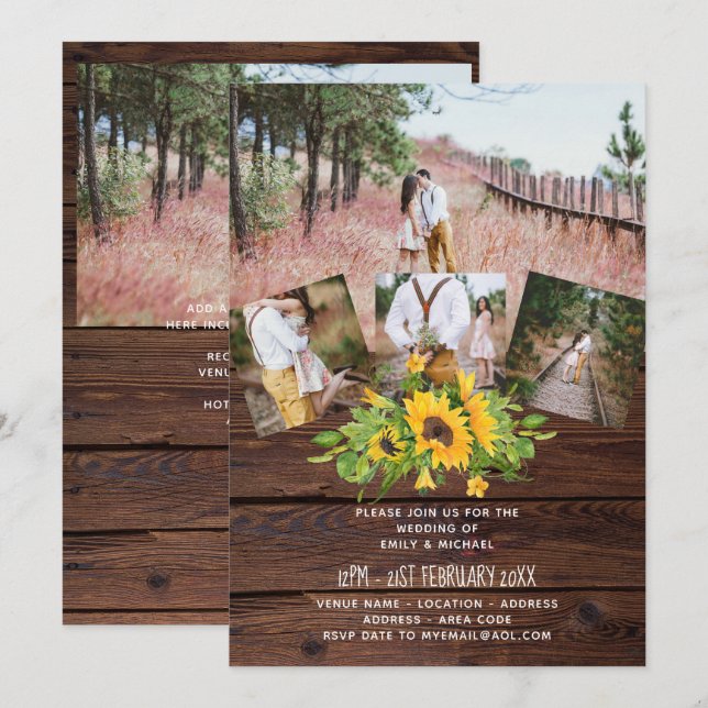 Rustic Western Wedding Sunflowers PHOTO Collage Card (Front/Back)