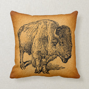 Rustic Western Wild Buffalo Bison Antique Art Cushion