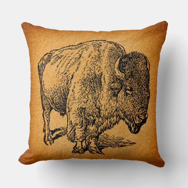 Rustic Western Wild Buffalo Bison Antique Art Cushion (Front)