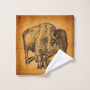 Rustic Western Wild Buffalo Bison Antique Art Wash Cloth