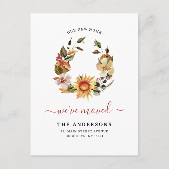 Rustic We've Moved Chic Autumn Fall Wreath Moving Announcement Postcard (Front)