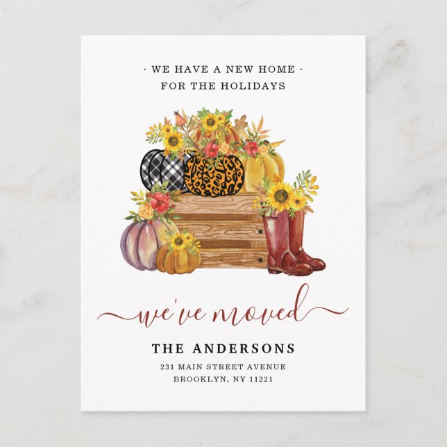 Rustic We've Moved Floral Pumpkins Holiday Moving Announcement Postcard (Front)