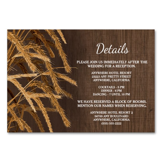 Rustic Wheat Wedding Reception Accommodation Cards (Front)
