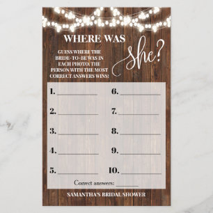 Rustic Where was She Bridal Shower Game Card Flyer