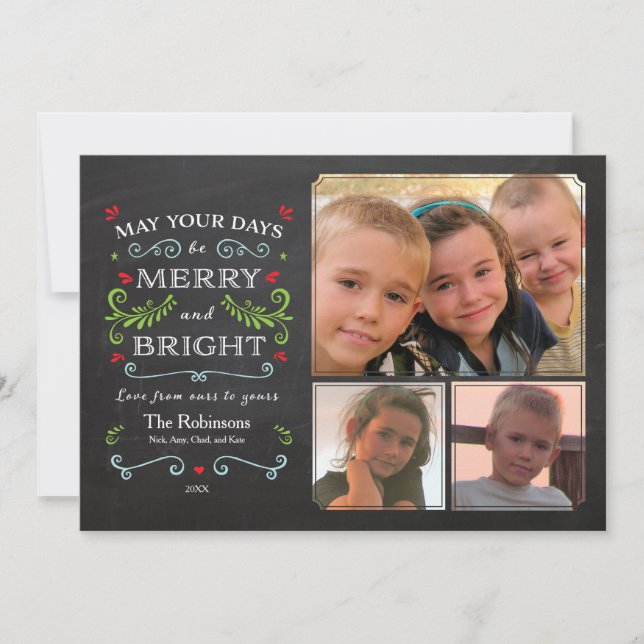 Rustic Whimsical Chalkboard Holiday 3-Photo Card (Front)
