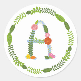 Rustic Whimsical Flower Monogram (A) Classic Round Sticker