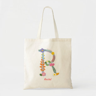 Rustic Whimsical Flower Monogram (R) Tote Bag