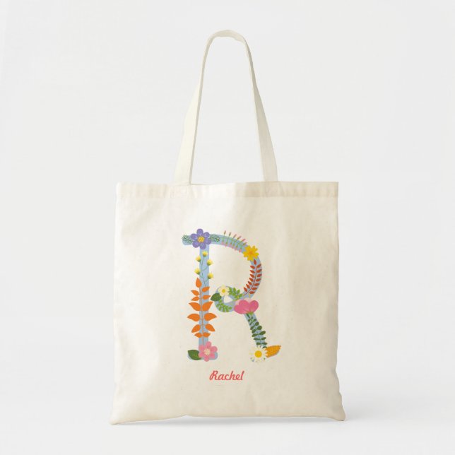 Rustic Whimsical Flower Monogram (R) Tote Bag (Front)