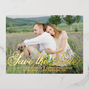 Rustic Whimsical Script Photo Save the Date Foil Invitation Postcard