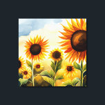 Rustic Whimsical Watercolor Sunflowers Canvas Print<br><div class="desc">This design features a watercolor field filled with beautiful sunflowers,  with a green bar at the bottom. Perfect for the summer garden. Personalise it with a family name. Makes a great Mother's Day or birthday gift. Created by Simply Farmhouse Press.</div>