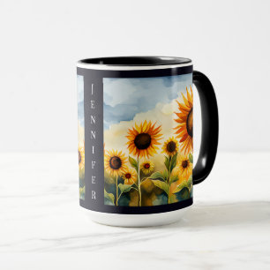 Rustic Whimsical Watercolor Sunflowers Monogram Mug