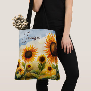 Rustic Whimsical Watercolor Sunflowers Monogram Tote Bag