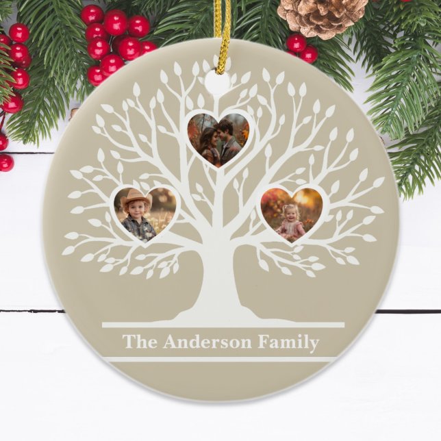 Rustic White 3 Photo Family Tree Personalised   Ceramic Tree Decoration (Rustic White 3 Photo Family Tree Personalized Ceramic Ornament
)