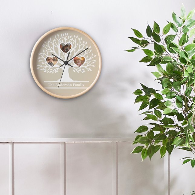 Rustic White 3 Photo Family Tree Personalised   Clock (Rustic White 3 Photo Family Tree Personalized Clock
)