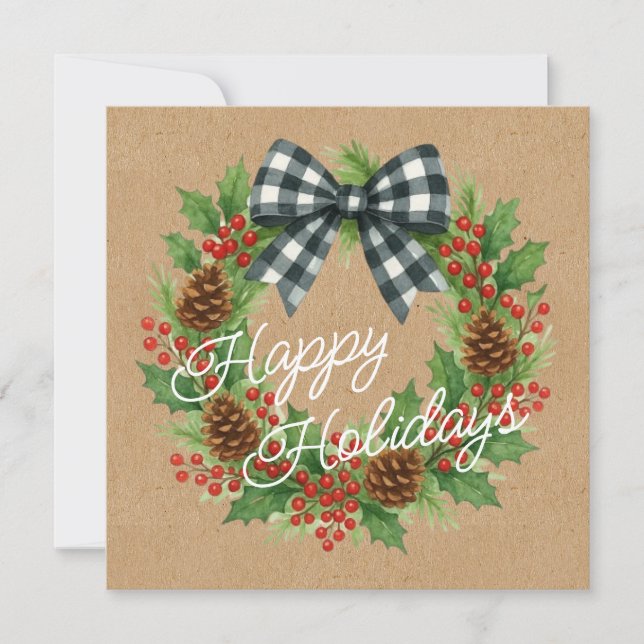 Rustic White And Black Chequered Bow Holiday Card (Front)