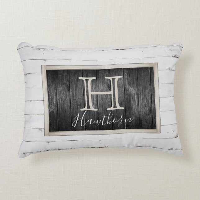 Rustic White and Black Wood Tone Monogram Decorative Cushion (Front)