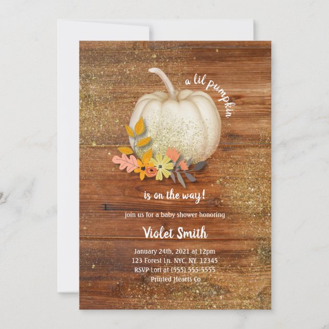 Rustic White and Gold Pumpkin Baby Shower Invite (Front)