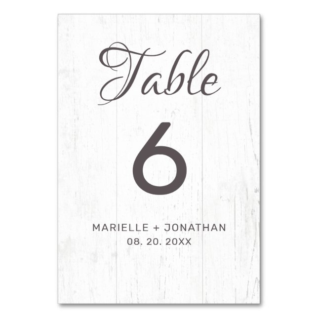Rustic White and Grey Weathered Wood Wedding Table Number (Front)