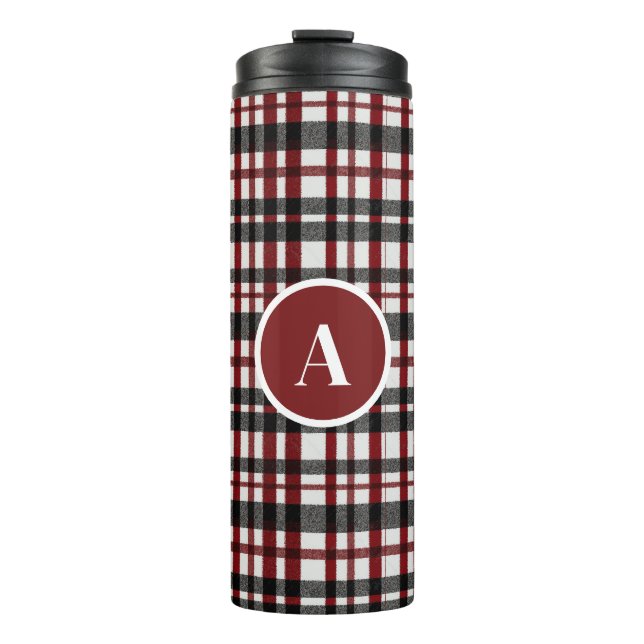 Rustic White and Red Plaid Pattern Thermal Tumbler (Front)