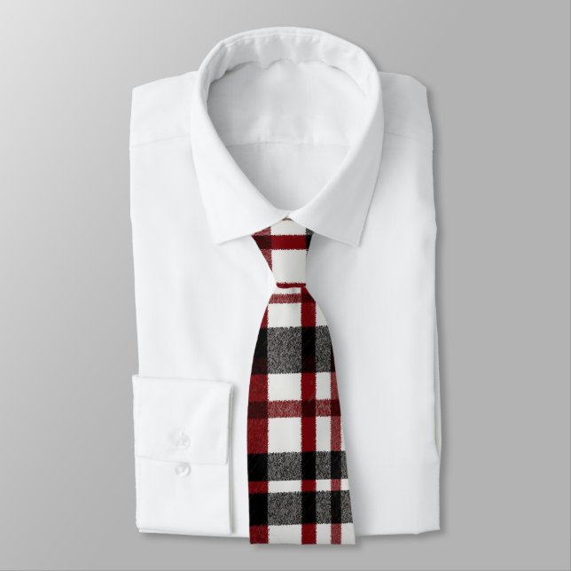 Rustic White and Red Plaid Pattern Tie (Tied)